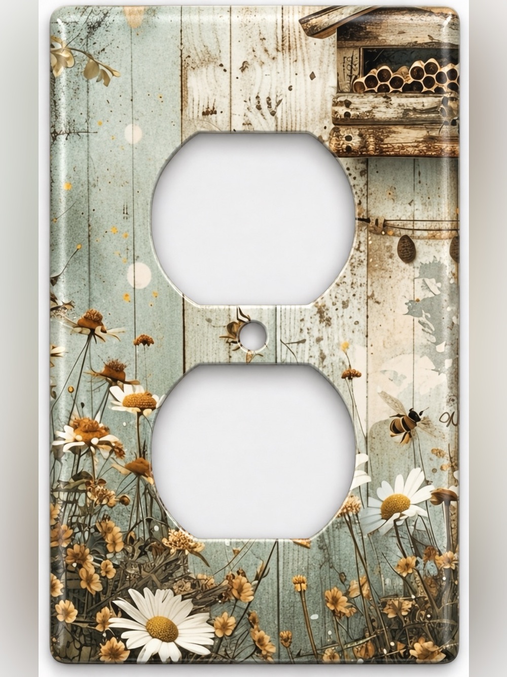 Handmade Rustic Honey Bee Beehive Daisy Duplex Outlet Cover Plate